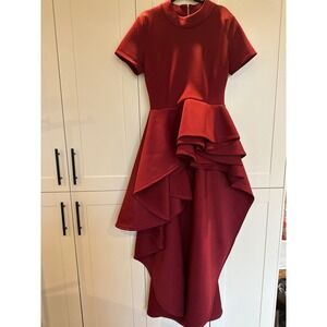 Akira Scuba Ruffle High Low Dress Party Cocktail Burgundy Red‎